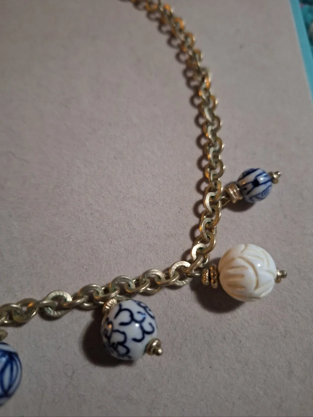Gold Chain Necklace with Blue & White Ceramic Bead Charms